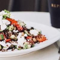 Quinoa Greek Salad · Avocado, Campari Tomato, Cucumber, Onion, Feta Cheese, Garbanzo Beans, Mint, House made Lemo...