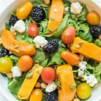 Honey Roasted Squash Salad · Mix Green, Roasted Squash, Garbanzo Beans, Sunflower Seeds, Cherry Tomato, Black Berries, Go...