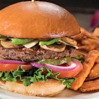 California Burger · Perkos Cafe favorite: Avocado, sautéed mushrooms and pepper-jack cheese.