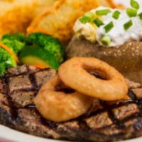River City Ribeye · Perkos Cafe favorite: A tender, 10 oz ribeye topped with breaded onion rings.