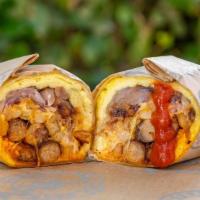 Zeus Burritos · Prepared with 3 scrambled eggs, Grilled Onions,French Fries, Cheese, Apola Sauce and your ch...