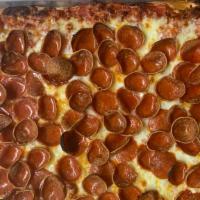Large Spicy Detroit · Pan Style Pizza with spicy pizza sauce, extra Cup pepperoni, and a garlic crust.
