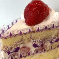 Strawberry Cake Slice  · Fresh strawberries, cake flour, granulated sugar, whole milk, salad oil, egg, non-diary whip...