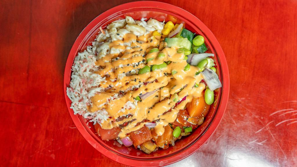 The Hawaiian Poke Bowl · Rice, 3 scoops of Hawaiian Poke, Crab Salad, Mac Salad, Corn, Onion, Cucumber, Green Onion, Edamame, Masago, Furikake, Drizzle Spicy Mayo on top