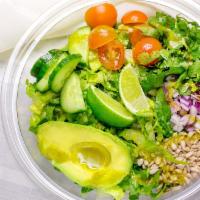 Avocado Cilantro Salad · 100 % Plant Based. Romaine, avocado, cucumber, tomato, purple onion, cilantro, sunflowers se...