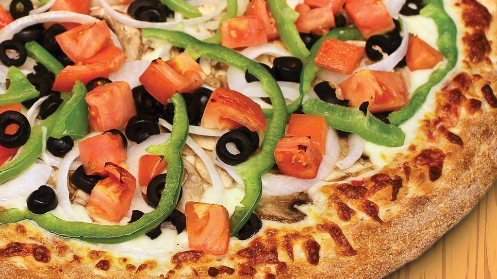 Veggie · Mushrooms, white onions, green peppers, black olives and fresh tomatoes.