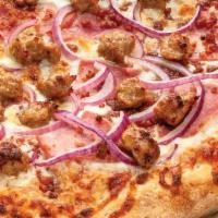 The Western Bbq · Pepperoni, Sausage, ham, bacon, red onions and our signature BBQ sauce.