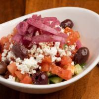 Greek Salad · Gluten free, vegetarian. Persian cucumber, roma tomatoes, feta cheese, kalamata olives, and ...