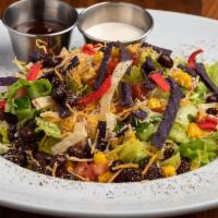 Bbq Chicken  Salad · Lettuce, corn, black beans, tomatoes and tortilla strips with Monetary Jack cheese tossed in...