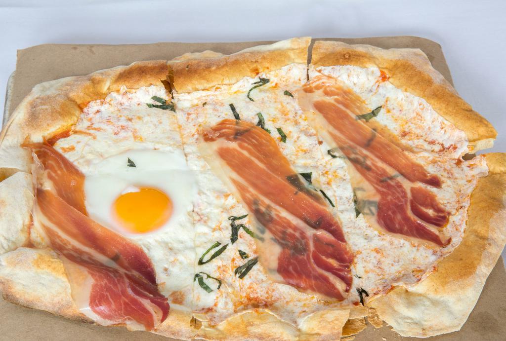 Breakfast Pizza  · Speck, mozzarella and tomato sauce.