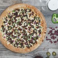 Fiesta Pizza · Beans, Chorizo, Jalapeno, Bell Peppers, Onions
