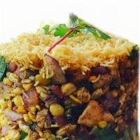 Avocado Bhel  (G, V) · Mildly spiced layers of mashed potatoes, chickpea flour crispy mix, puffed rice, and Califor...