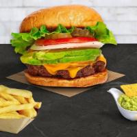 Bravo Avocado Burger · Beef patty topped with  avocado, bacon, melted cheddar cheese, lettuce, tomato, onion, mayo,...