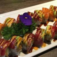 Hon Roll · In: shrimp tempura, crab meat, avocado. Out: tuna, salmon,avocado, eel sauce, spicy mayo.