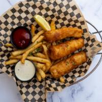 Fish & Chips · Beer battered fresh cod served with fries and tarter sauce.