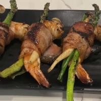 Grilled Bacon Wrapped Jumbo Shrimp · Grilled bacon-wrapped with shrimp, green onion, mushroom, and asparagus.