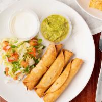 Taquitos · Three, served with guacamole, sour cream & pico de gallo.