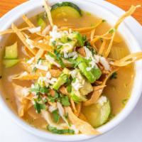 Chicken Tortilla Soup · Shredded chicken & vegetables topped with cheese, avocado, & tortillas strips. Can be made w...