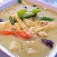 Green Curry · Bamboo shoots, basil leaves, bell peppers, coconut milk, eggplants, green beans & green curr...
