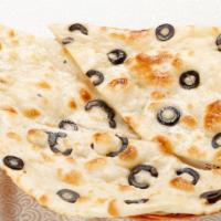 Olive Naan · Topped with green olives and basil.