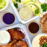 Small Party Pack (10 People) · Rotisserie chicken, hummus with chickpeas, fennel tzatziki, chili oil and garlic sauce, pita...