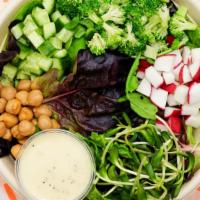 Big Green Salad · Market greens, cukes, radishes, sprouts, chickpeas, broccoli, miso poppy vin.  (vegan, gf)