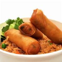 Fried Rice With Egg Roll Topping · Old fashion fried rice and egg roll. Original fried rice 2025 recipe contains eggs, peas and...