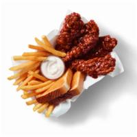 Honey Bbq Sauced & Tossed Chicken Strip Basket - 6 Pieces · 100% all-white-meat tenderloin strips, tossed in a sweet and smoky Honey BBQ sauce, and serv...