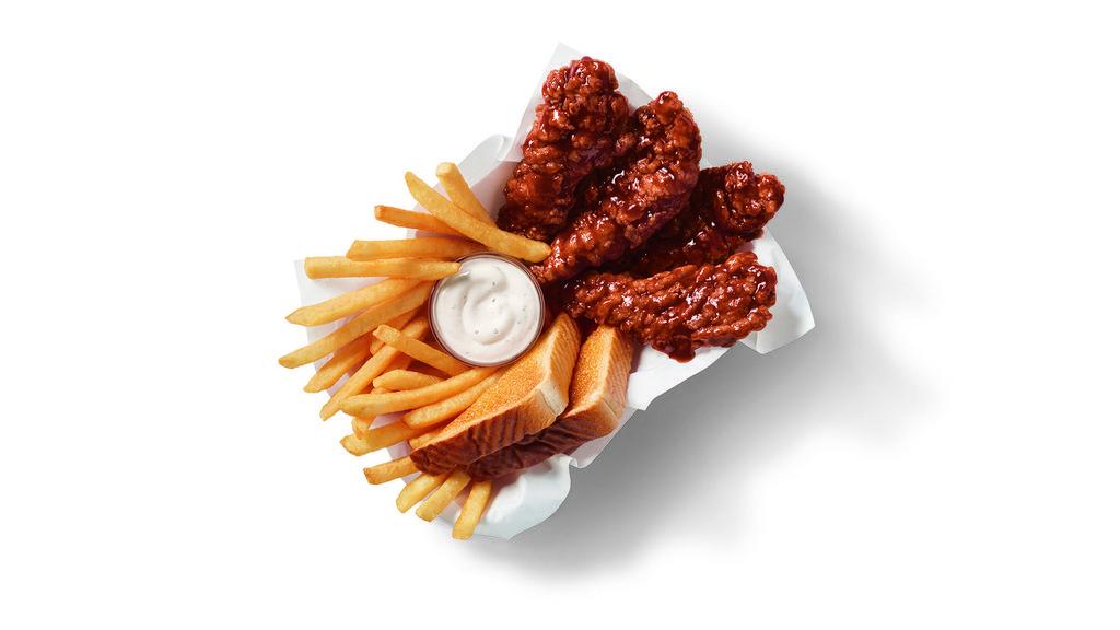 4 Pieces Honey Bbq Sauced & Tossed Chicken Strip Basket · 100% all-white-meat tenderloin strips, tossed in a sweet and smoky Honey BBQ sauce, and served with Texas toast and crispy fries, and your choice of dipping sauce.