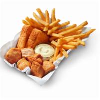 Rotisserie-Style Chicken Bites Basket (Large) · DQ’s new 100% white meat, juicy, tender, rotisserie-style chicken bites, served with chips a...