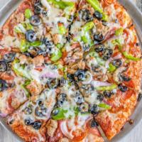 Delicious Combination Pizza · Fill up on pepperoni, salami, Italian sausage, linguica, mushrooms, black olives, bell peppe...