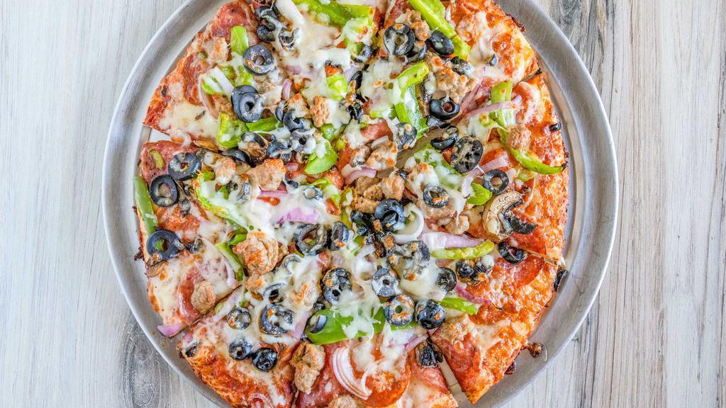 Delicious Combination Pizza · Fill up on pepperoni, salami, Italian sausage, linguica, mushrooms, black olives, bell peppers, and onions.