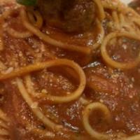 Spaghetti Meatballs · Spaghetti marinara topped with our homemade beef meatballs.