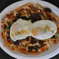 Erk Fries · Crispy potato fries layered with a choice of chicken, or tofu, drizzled with shredded cheese...