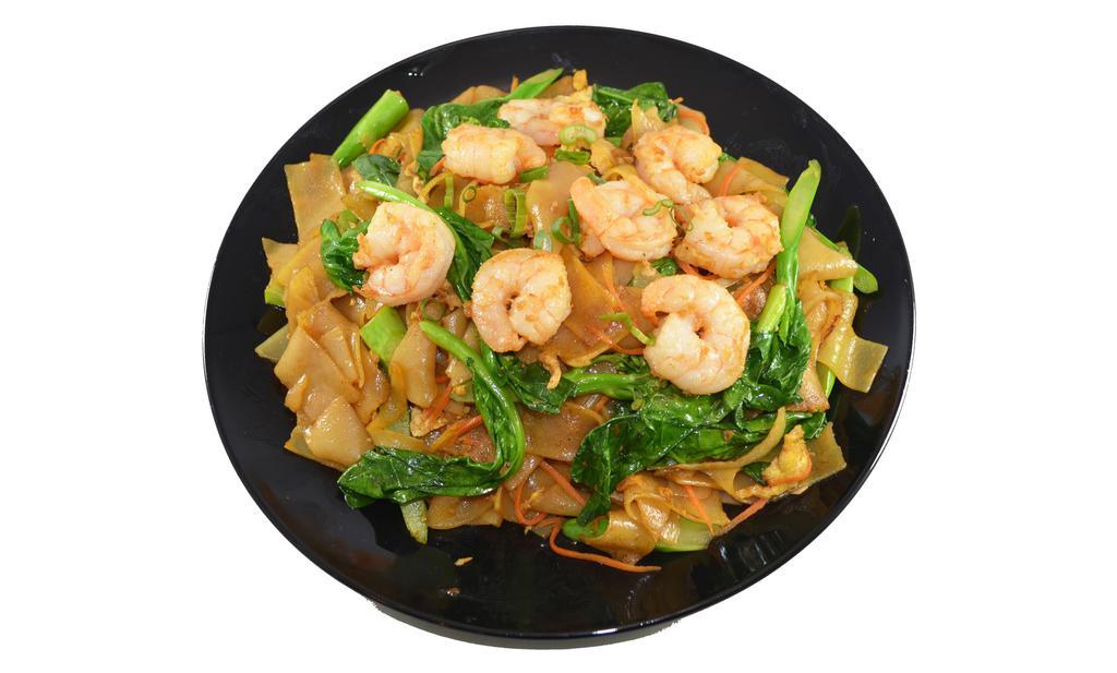 Pad See Ew Shrimp · Flat-rice noodle stir-fried with broccoli, carrots, and shrimp. (Does not come with rice).