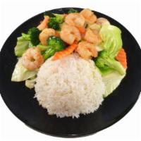 Chop Suey Shrimp (Large) · Stir-fried cabbage, carrots, squash, mushroom and broccoli.