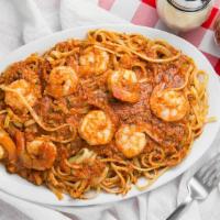 Shrimp Fra Diablo Over Linguini · Large Dish of Garlic, Butter and Spices sauteed with wine, red sauce, chili peppers and 8 Sh...