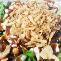 Bbq Chicken Salad · Romaine Lettuce, Grilled Chicken Breast, Black Beans, Corn, Tomato, Cucumbers, Fried Onions,...