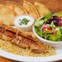 1 Skewer Dinner · Served with salad, rice and pita bread. Gyros sauce on the side.