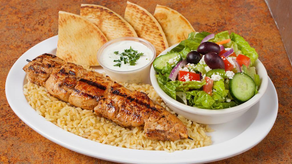 1 Skewer Dinner · Served with salad, rice and pita bread. Gyros sauce on the side.