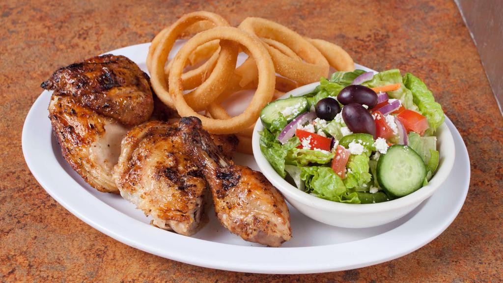1/2 Chicken, Salad & Side Order Combo · 1/2 chicken, small Greek salad, side order and choice of pita bread or garlic bread.