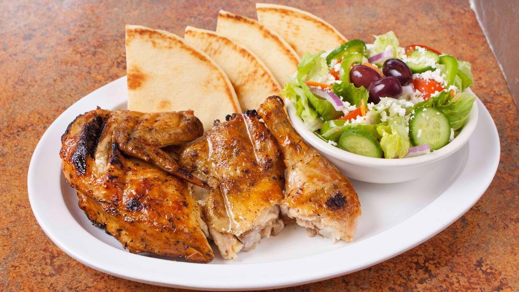 1/2 Chicken & Salad Combo · 1/2 chicken, small Greek salad and choice of pita bread or garlic bread.