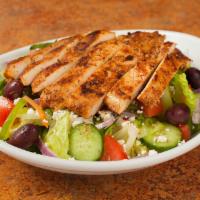 Chicken Salad · Greek salad with chicken (boneless chicken breast). Salads come with lettuce, cucumber, onio...