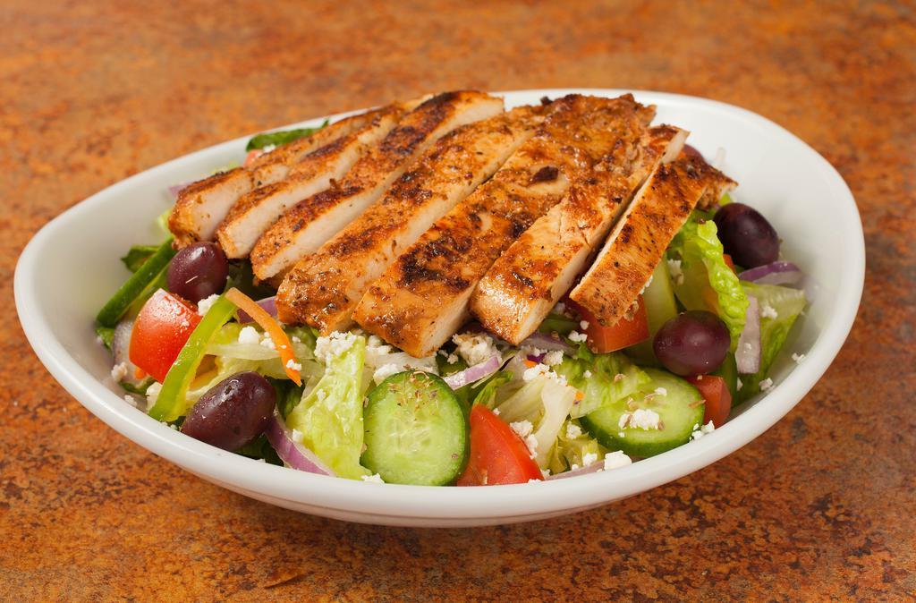 Chicken Salad · Greek salad with chicken (boneless chicken breast). Salads come with lettuce, cucumber, onion, tomato, bell pepper, feta and olives. Dressing comes on the side when to-go. Gyros sauce come on the side. Choice of pita bread or garlic bread.