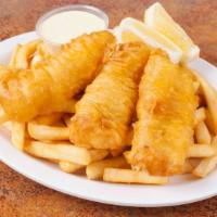 Fish & Chips · Three pieces of beer battered fish and fries. Comes with tartar sauce and lemon.