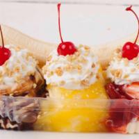 Banana Split · Options of a small or larger size. small will be served in a cup and large in a boat.