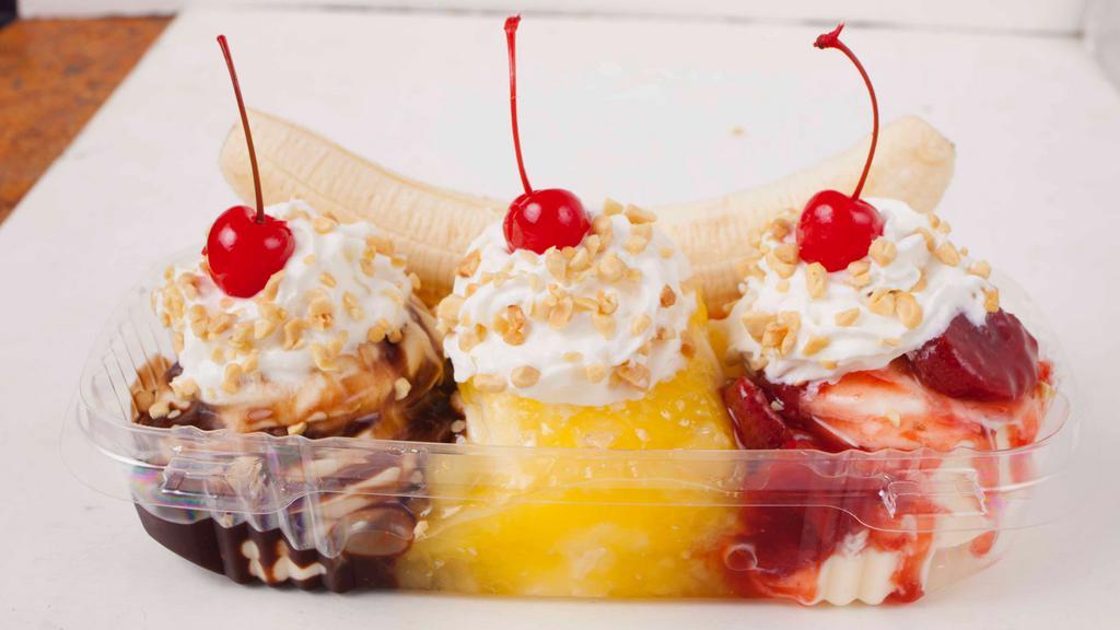 Banana Split · Small will be served in a cup and large in a boat.