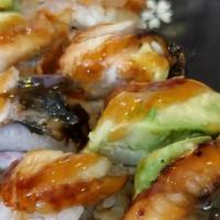 Dragon Roll · Crabmeat, deep-fried shrimp, unagi, avocado with special sauce.