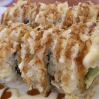 Crunch Roll · Spicy. Contains raw fish. Crabmeat, deep-fried shrimp, unagi, avocado with special sauce. Co...