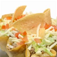 Tostada Pronto · Choice of carnitas, beef or chicken with beans, lettuce, tomatoes, avocado, cheese, sour cre...